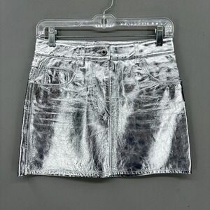 Helmut Lang Skirt Womens 00 Silver Metallic Leather Mini 5 Pocket Lined Party
